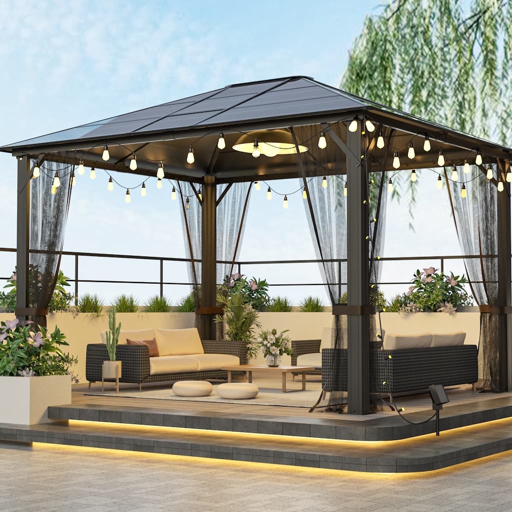 10x12 Hardtop Metal Gazebo,Heavy Duty Pergola with Mosquito Nets,Galvanized Steel&Polycarbonate Roof,Sturdy Canopies Tent