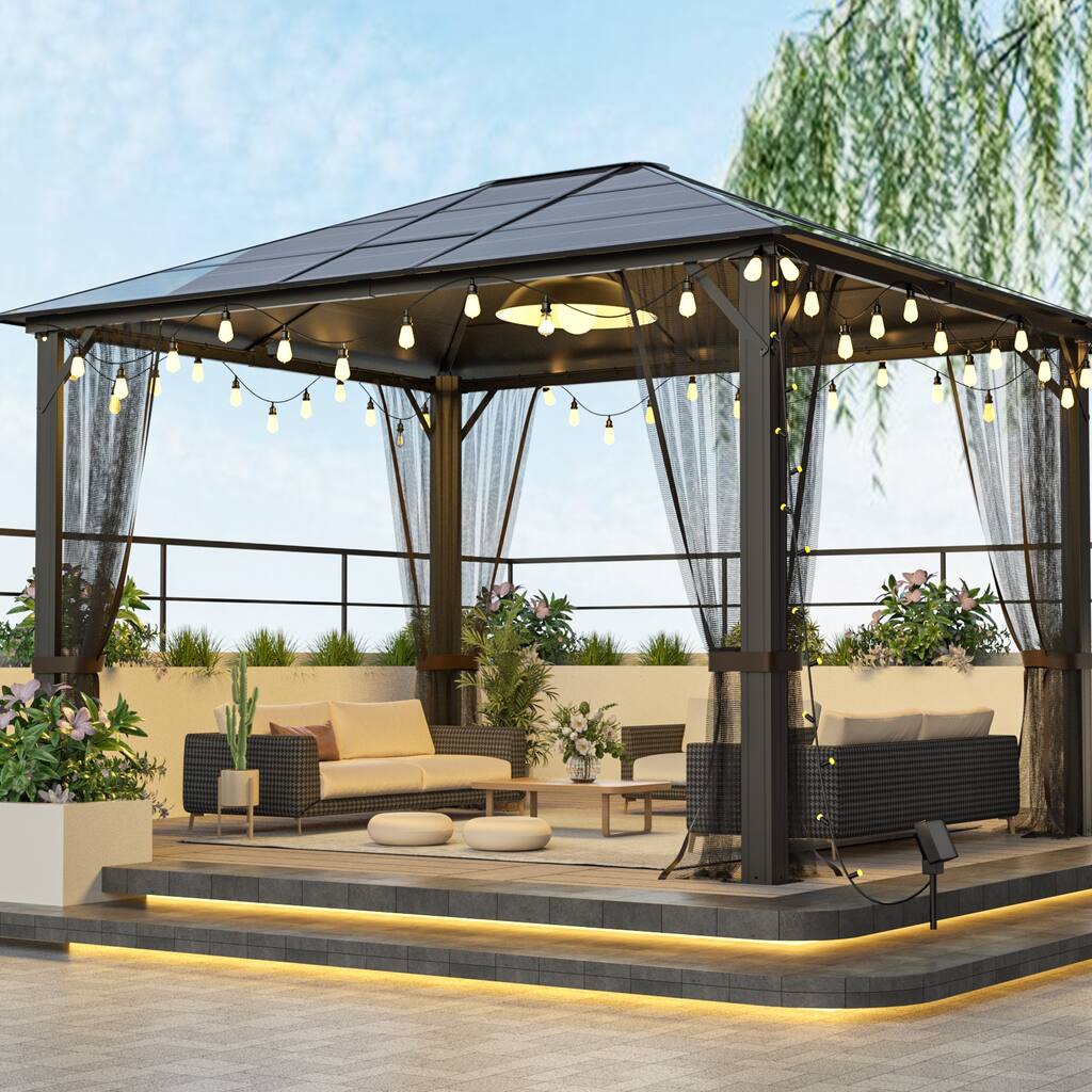 10x12 Hardtop Metal Gazebo,Heavy Duty Pergola with Mosquito Nets,Galvanized Steel&Polycarbonate Roof