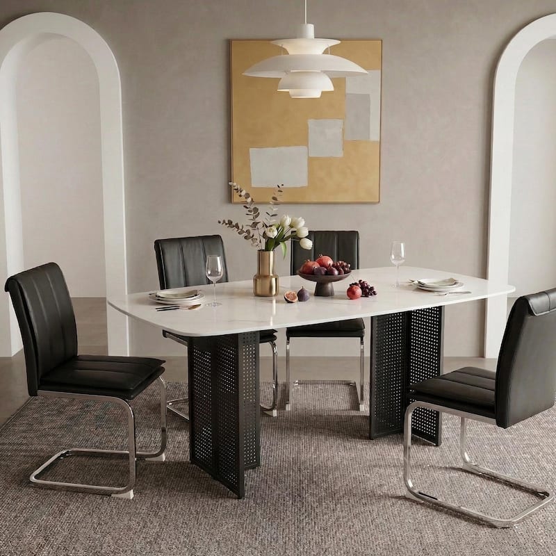 Rectangular Tempered Glass Dining Table for 6, Featuring a Marble-Patterned Design with black Hollow-Out Metal Legs - Black