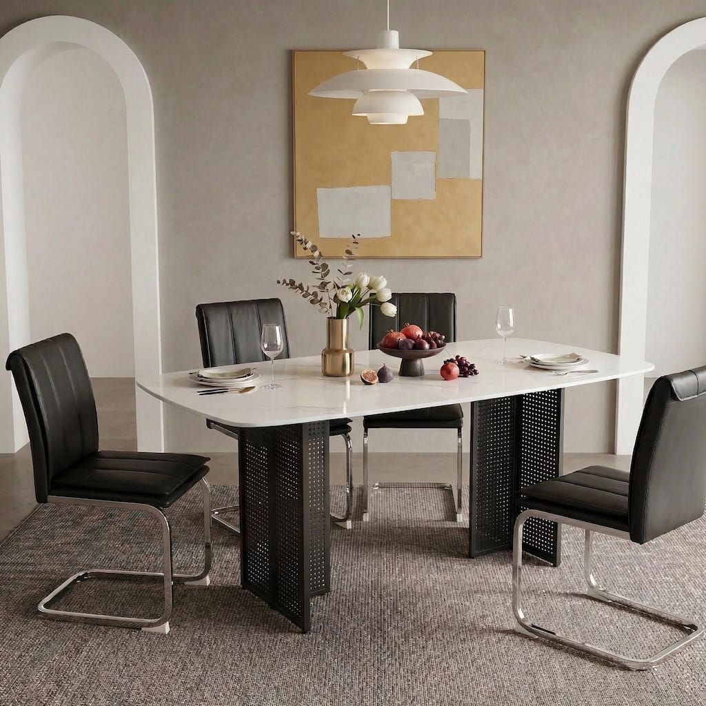 Rectangular Tempered Glass Dining Table for 6, Featuring a Marble-Patterned Design with black Hollow-Out Metal Legs