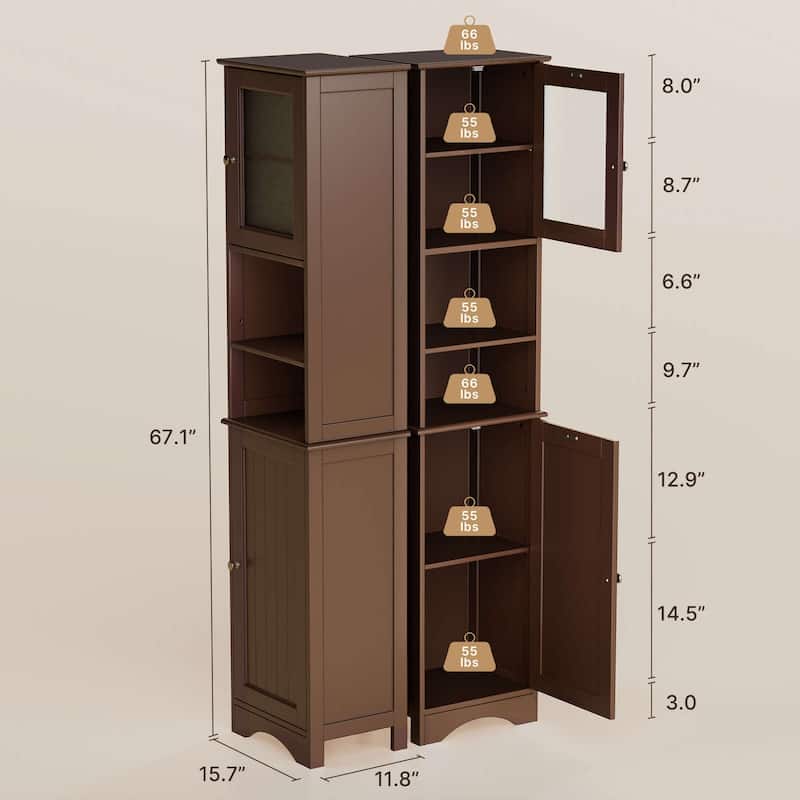 Freestanding Narrow Tall Bathroom Storage Cabinet with Adjustable Shelves, Door and Open Shelves