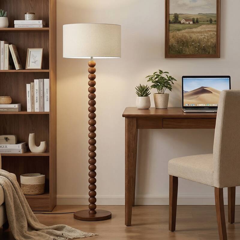 61" Wooden Beaded Floor Lamp, Retro Walnut Finish Standing Lamp with Linen Shade, Rubberwood Base for Living Room, Bedroom