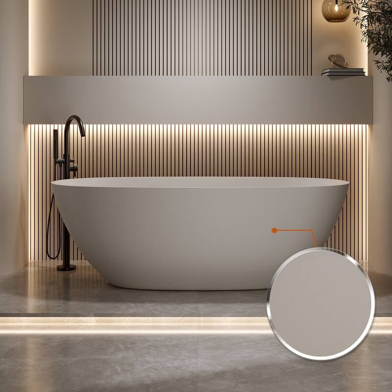 Luxury Solid Surface Freestanding Soaking Bathtub with Center Drain and Pop-up Drain, Modern Beige Tub with Overflow