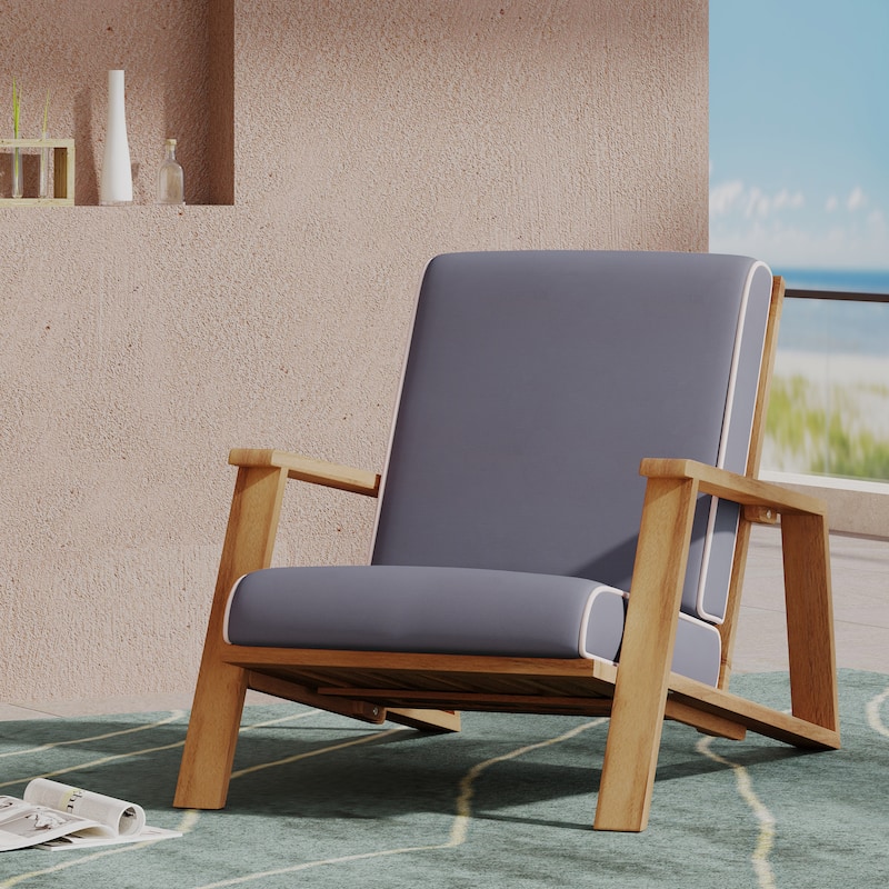 Roomfitters Mid-Century Acacia Wood Lounge Armchair with Cushions, Patio Seating Furniture