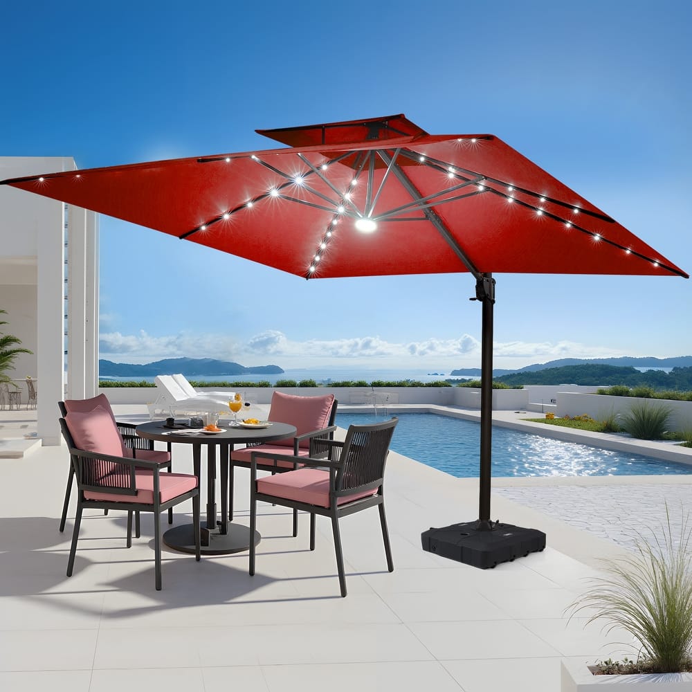 Pellebant 9x11FT Outdoor Dual Top Cantilever Patio Umbrella LED Light with HDPE Base
