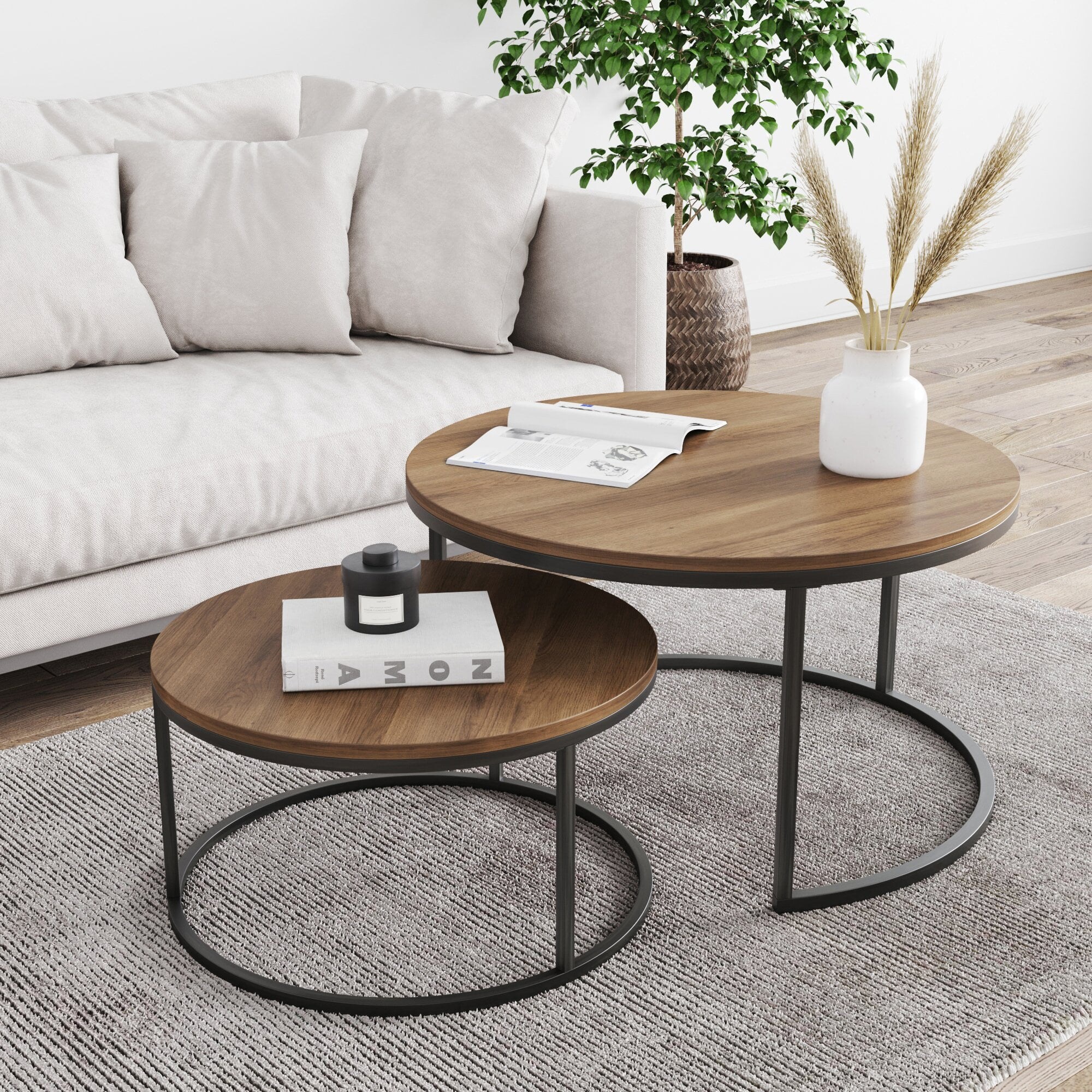 Global Pronex Stella Round Modern Nesting Coffee Table Set of 2, Stacking Living Room Accent Cocktail Tables with an Industrial Wood Finish