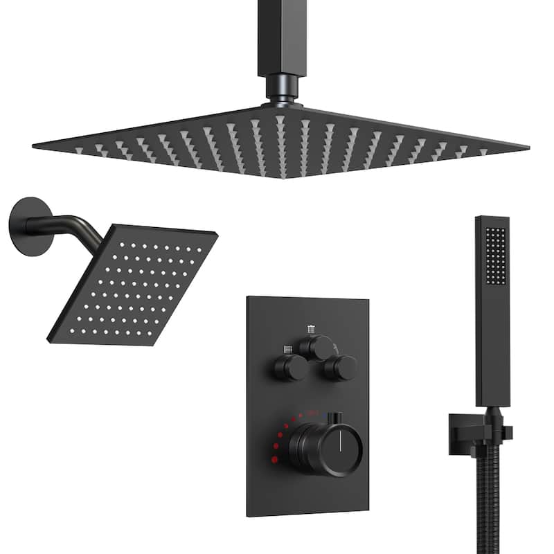 Thermostatic Shower Faucet, 12" High-Pressure Dual Showerheads System with Rough-In Valve