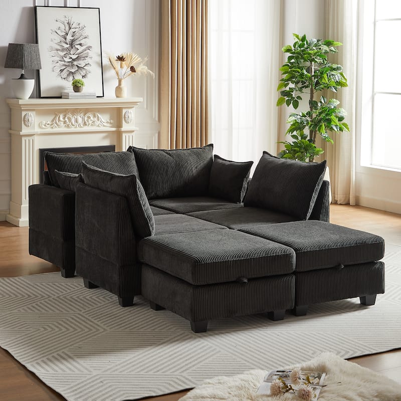 Roomfitters 113.5" Modular Corduroy U-Shaped Sectional Sofa, 6-Seater Convertible Couch with Chaise and Storage Ottoman