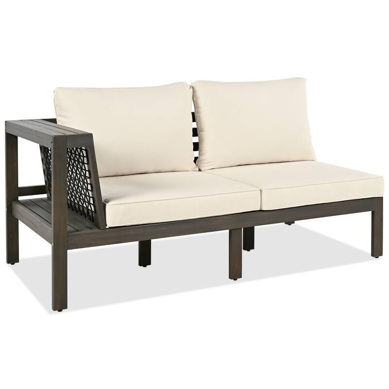 4-Piece Acacia Wood Outdoor Sectional Sofa Set with Mesh Armrests and Cushions, Coffee Table and Side Table