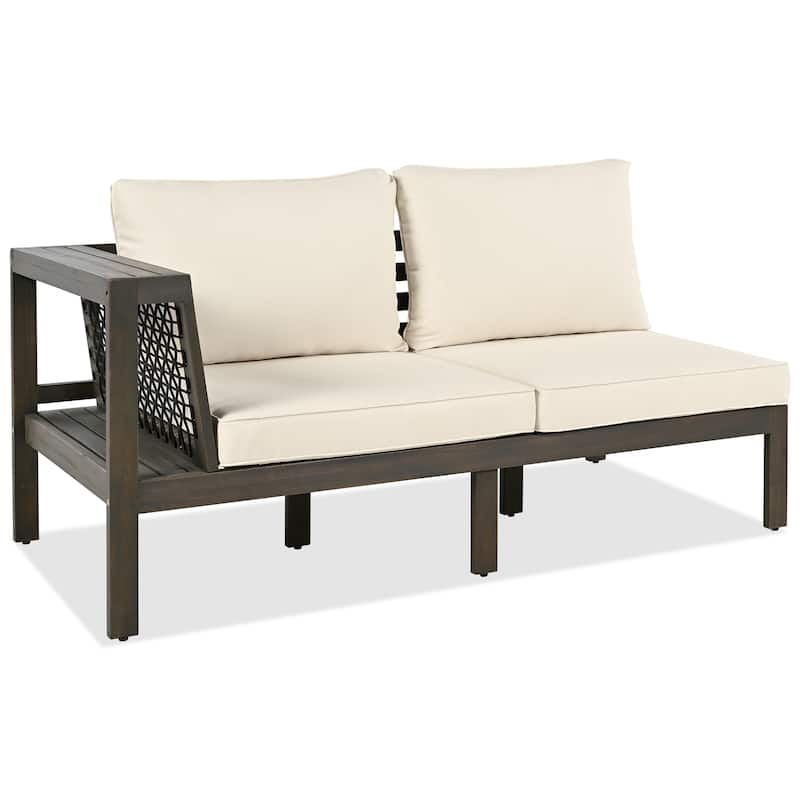 4 Pieces Outdoor Acacia Wood Sofa Set L-Shaped Patio Furniture Sofa Set with Coffee Table & Cushions, Woven Mesh Armrests
