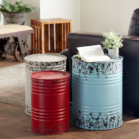 Blue Red White Distressed Metal Farmhouse Drum Accent Table (Set of 3)