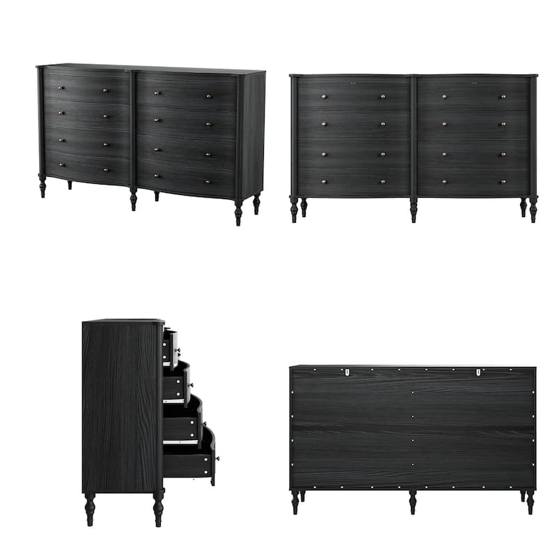 Elegant 8-Drawer Dresser with Solid Wood Legs, Vintage Curved Front Chest of Drawers for Bedroom Storage