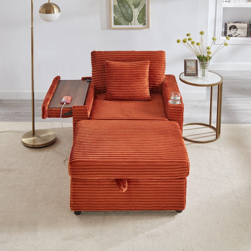 Fluffy Corduroy Lazy Sofa Chaise Lounge with Accent Chair, Storage Ottoman, Folding Table Board, Cup Holder and USB