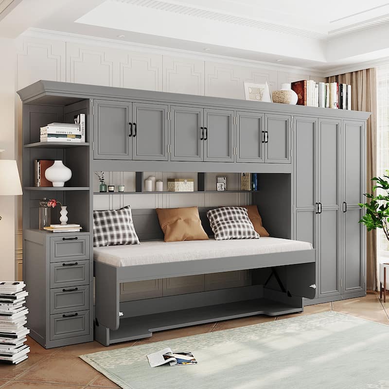 Versatile Twin Size Murphy Bed Fold-down Storage Wall Bed with Temporary Desk, Top Cabinets, Side Wardrobe, Drawers and Shelves
