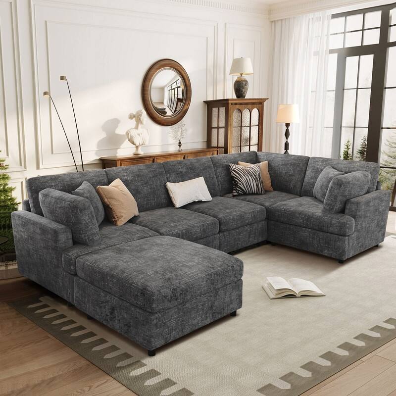 6-Piece U-Shaped Sectional Corner Sofa with Movable Ottoman and Durable Chenille Fabric for Versatile Living Spaces - Grey