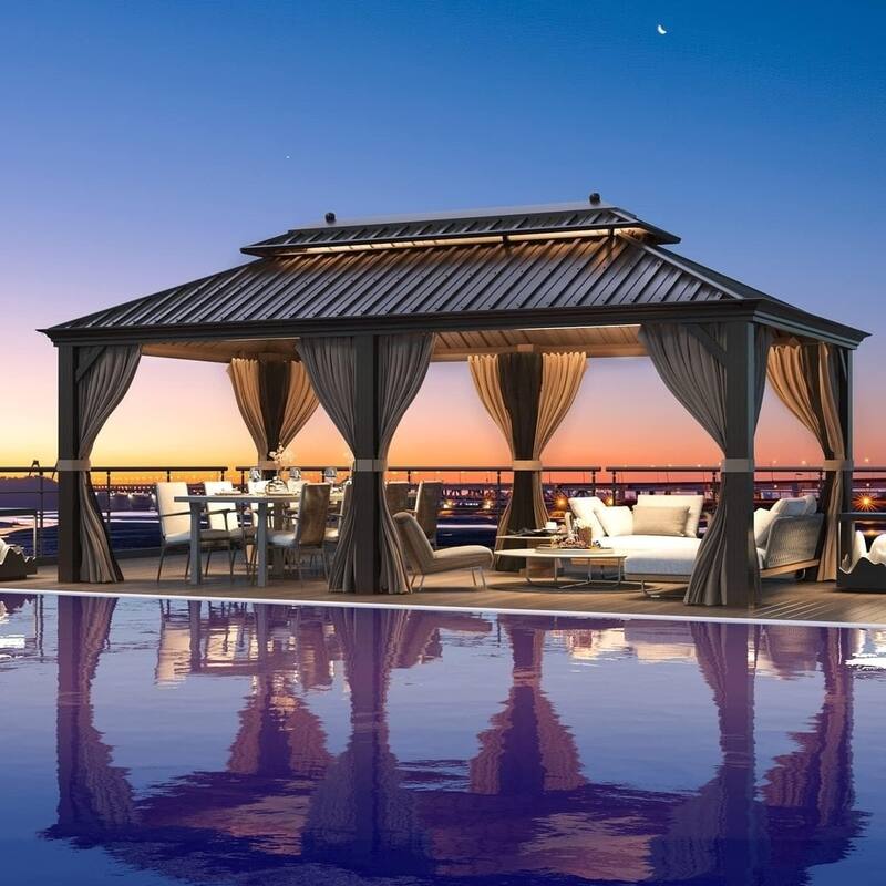 PRO Steel Hardtop Gazebo, Patio Aluminum Frame, Waterproof & Windproof Patio Gazebo with Curtains & Netting - 12'x20'-Best Deal - Pro Series