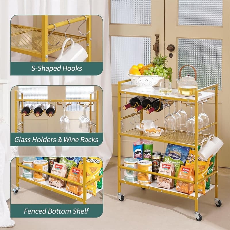 Bar Carts for The Home 3Tier Rolling Kitchen Cart with Wine Rack and Glass Holder - 23.6"D x 11.8"W x 32.5"H