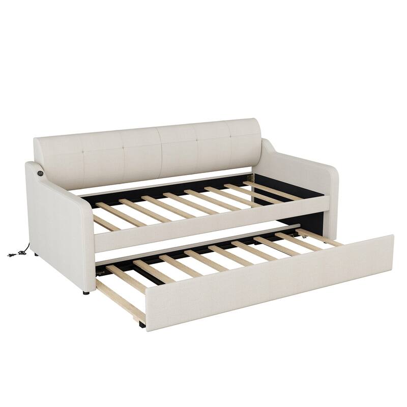 Twin Size Upholstered Daybed with Trundle and USB Charging, Beige
