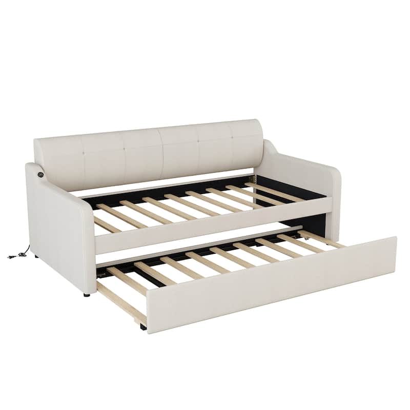 Upholstered Daybed with Pop Up Trundle, Extendable Twin Daybed with Trundle and USB Charging, Trundle can be Flat or Erected