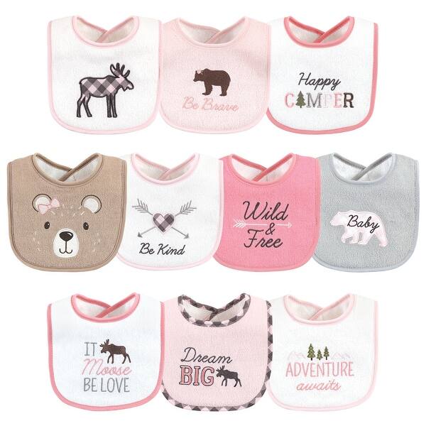slide 1 of 1, Hudson Baby Infant Girl Cotton Terry Drooler Bibs with Fiber Filling, Girl Moose Bear, One Size - Girl Moose Bear - One Size One Size - Girl Moose Bear
