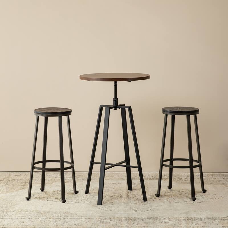 Glitzhome 3-piece Industrial Pub Set Height Adjustable Bar Table and Round Stools - Brown