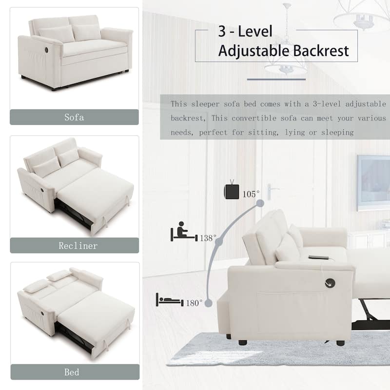 55" Velvet 2-Seater Sleeper Sofa with USB Ports & Storage Pockets