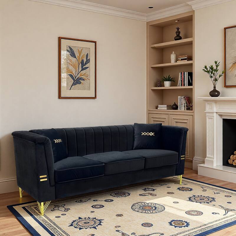 Chesterfield Velvet Button Tufted Sofa, Luxury 3-Seater Couch with 2 Pillows - Black