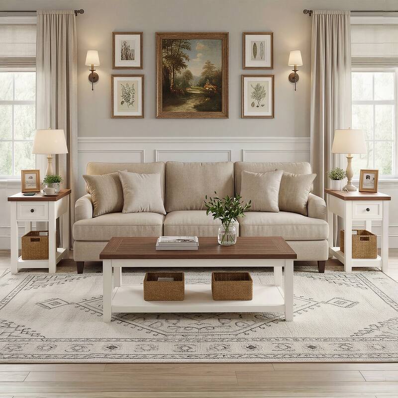 Farmhouse End Table with Wood Drawers and Charging Station, Sofa Side Table, Nightstand