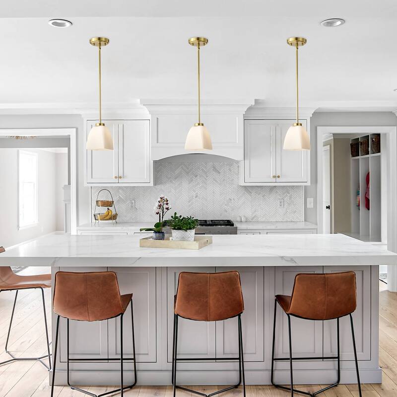 1-Light Gold Finish Mini Pendant with Pyramid Shaped Etched White Glass Shade