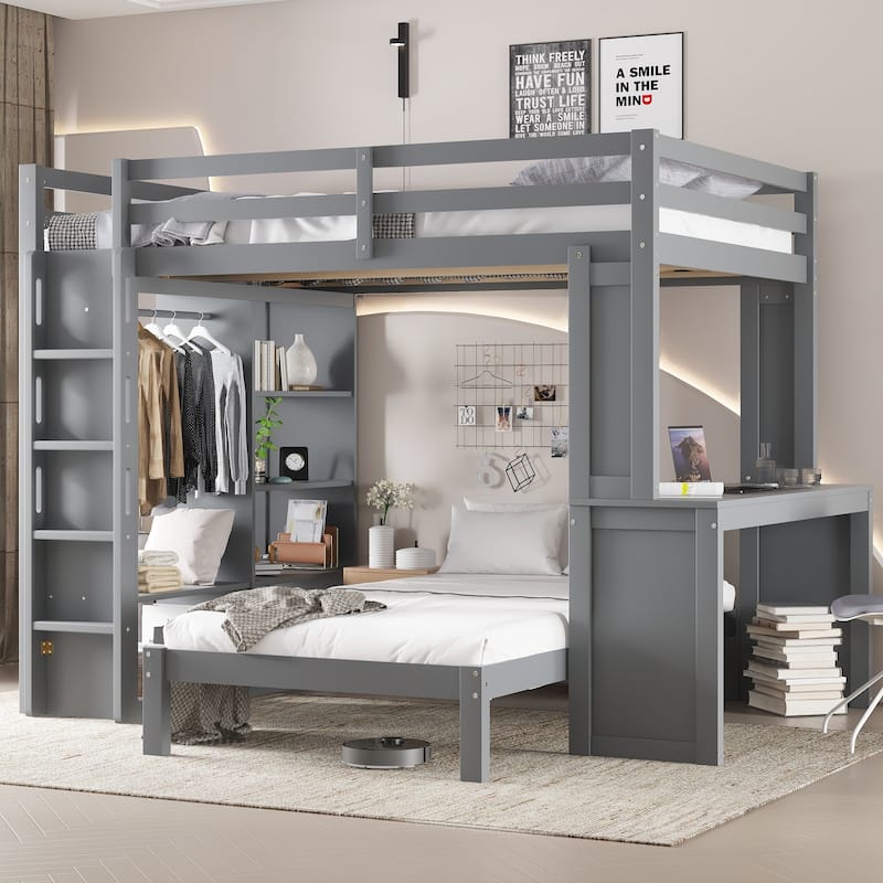 Queen Size Loft Bed & Twin Size Platform Bed Set, Wood Bunk Bed with Built-in Desk, Open Shelves and Wardrobe, Queen Over Twin - Grey - Queen