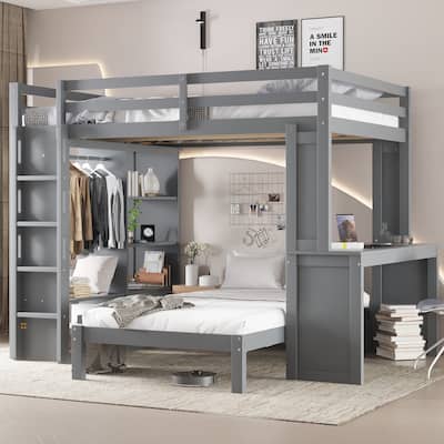 Queen Size Loft Bed & Twin Size Platform Bed Set, Wood Bunk Bed with Built-in Desk, Open Shelves and Wardrobe, Queen Over Twin