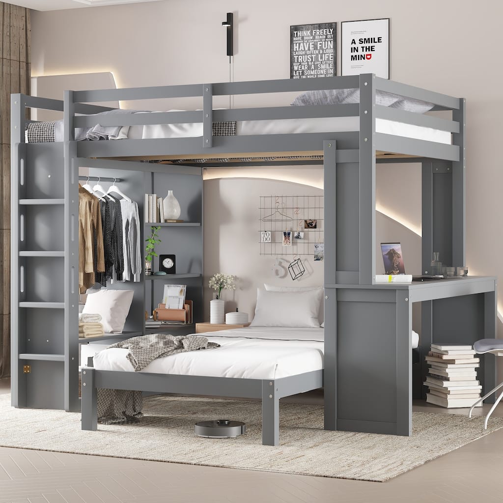Queen Size Loft Bed & Twin Size Platform Bed Set, Wood Bunk Bed with Built-in Desk, Open Shelves and Wardrobe, Queen Over Twin
