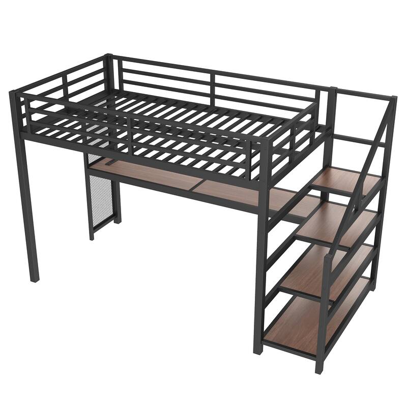 Twin XL Loft Bed with Desk, Storage Stairs & LED Lights - Metal Frame, USB Ports, Noise-Free