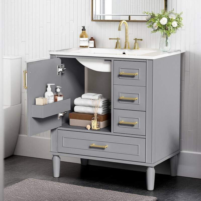 30" Ceramic Sink Bathroom Vanity with Gold Handles, Soft-Close Storage & Space-Saving Design