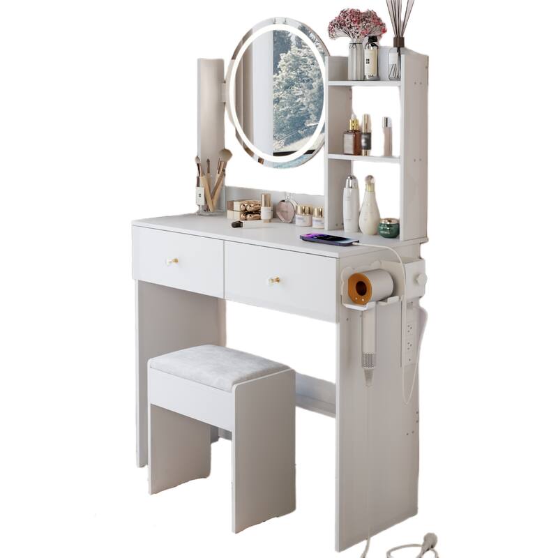 17" Vanity w/ Mirror, Stool, USB Outlets, Touch Control 3 Colors LED