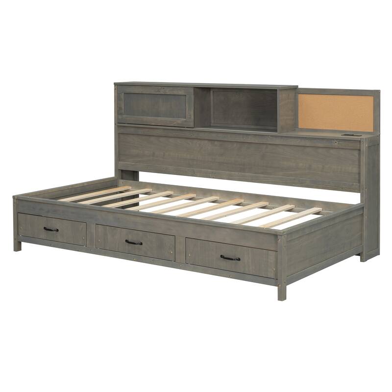 Full Size Wooden Daybed with 3 Storage Drawers, USB Ports, Pushable Shelf, and Soft Headboard