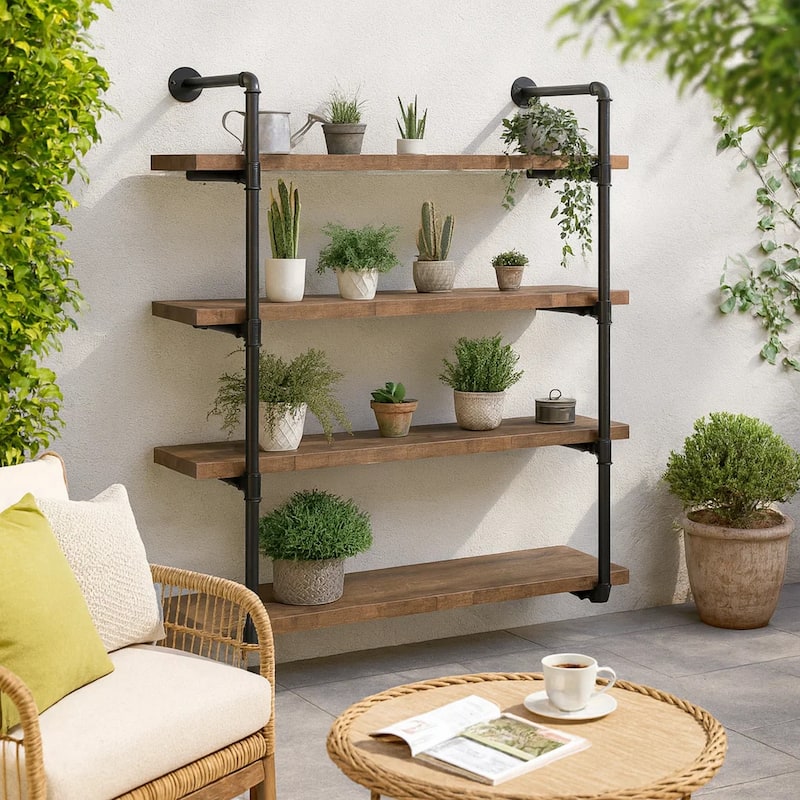 Wall Shelf with 4 Tier Shelves and Pipe Design Frame, Brown