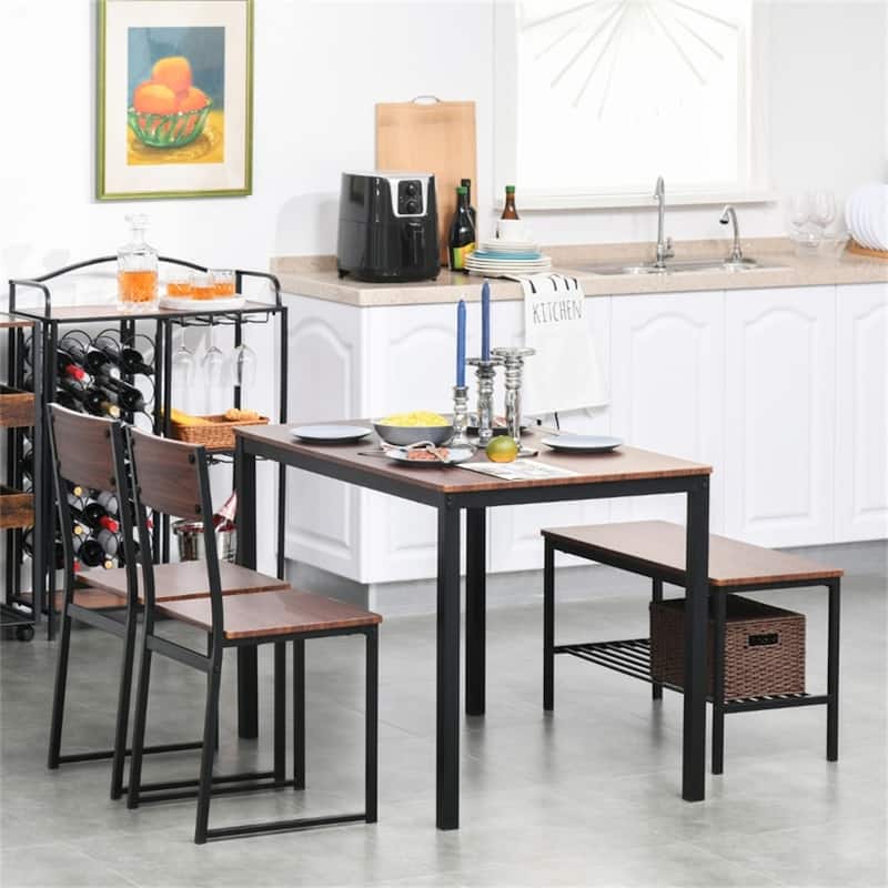 4-Piece Kitchen Dining Set with Bench Chairs and Storage Rack and Comfortable Seating