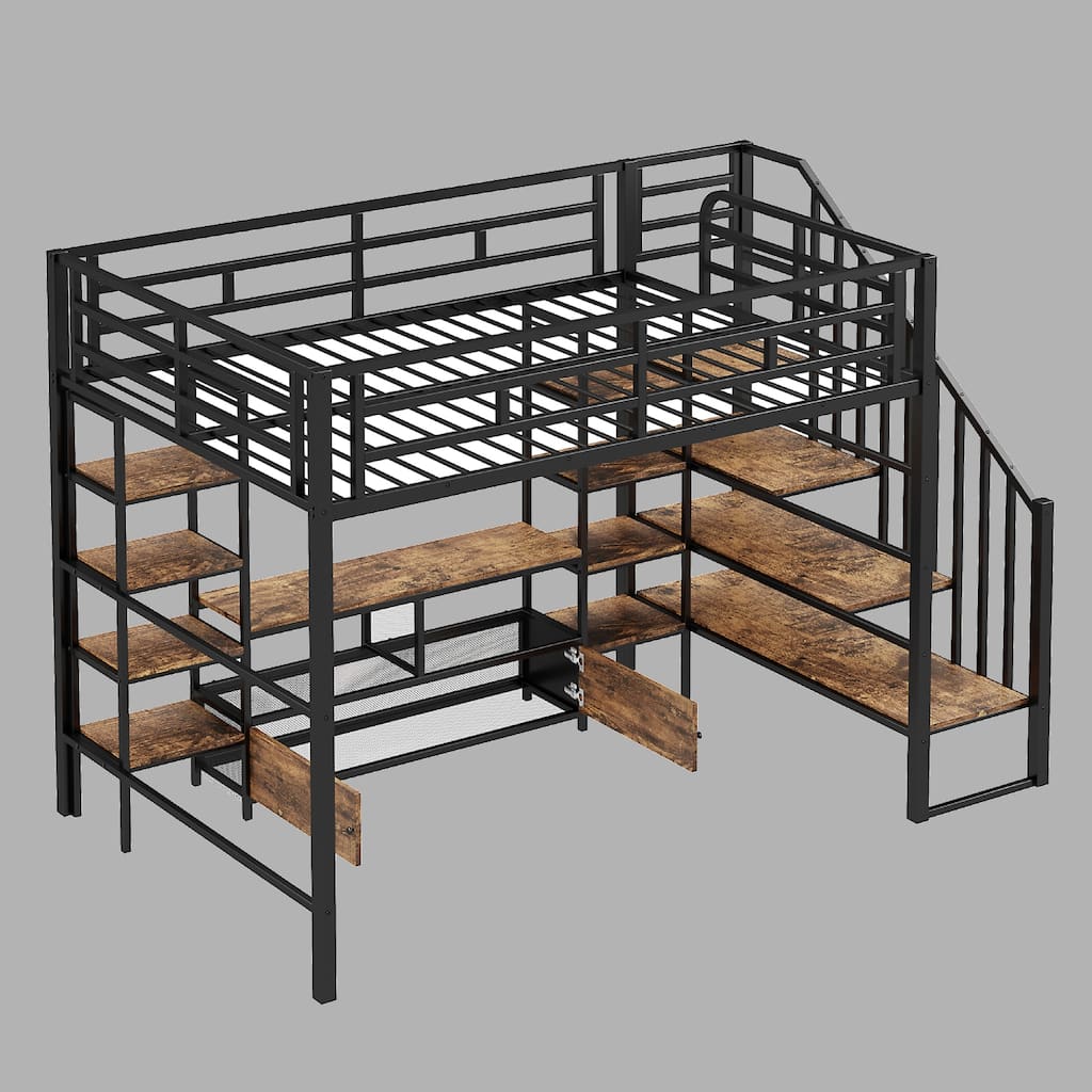 Full Loft Bed with Built-In Storage Shelves, Low Table and Safety Guardrails