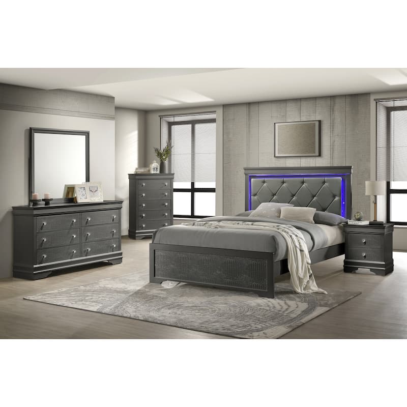 Modern Twin Bed with LED Headboard and Upholstered Design in Metallic Gray
