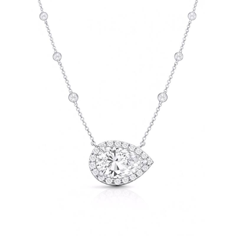 Auriya 14K Gold Lab Grown Pear-shaped Diamond Halo Pendant with Bezel Necklace 1.00 to 5.00 ct. tw. (F-G VS) - White - 4.40ct. tw.