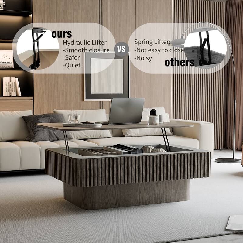 GDF Studio - Modern Wooden Veneer Lift-Top Coffee Table with Fluted Design & Storage - 38.6''