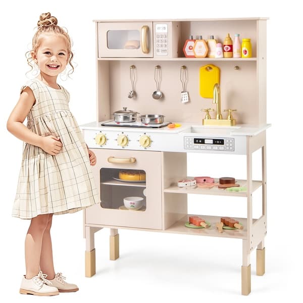 slide 2 of 10, Gymax Height Adjustable Play Kitchen Wooden Kitchen Playset w/ Real Yellow