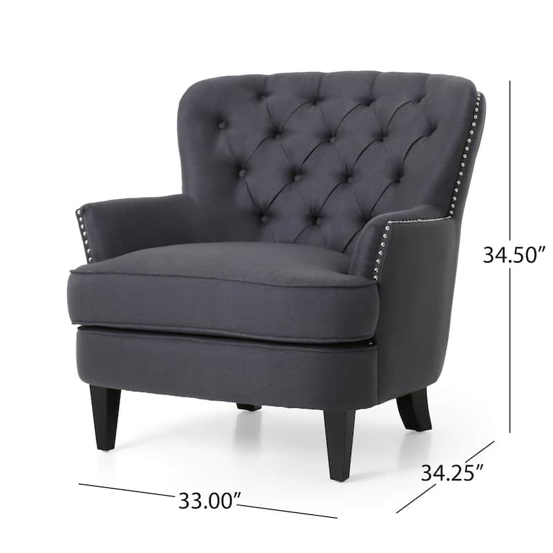 Grey Modern 33" Upholstered Button Tufted Ottoman Club Chair with Birch Wood Legs and Nailheads