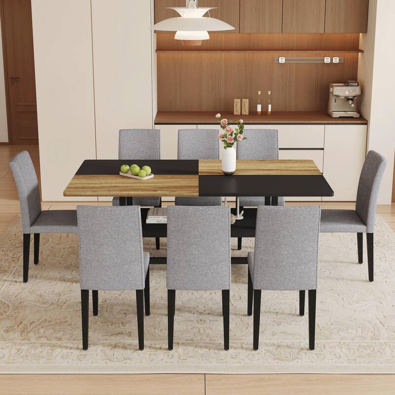 9-Piece Storage Dining Table Set, 71-Inch kitchen Rectangular Wooden Table with Lower Shelf and 8 Upholstered Chairs