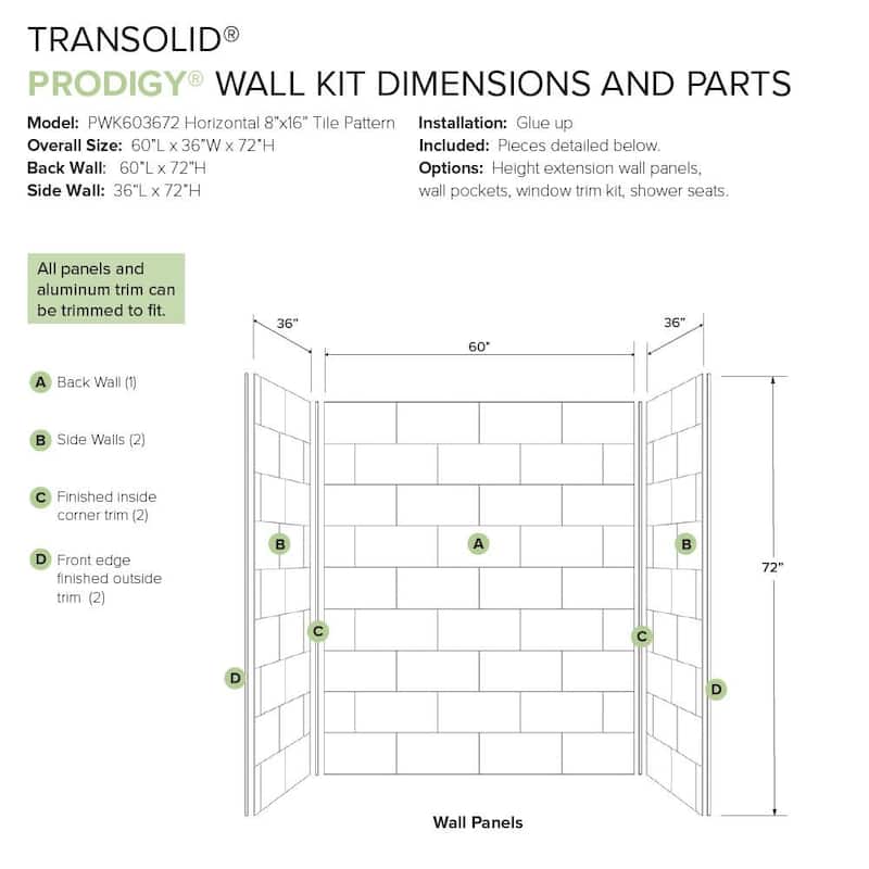 Transolid PWK603672 Prodigy 72" H x 60" W x 36" D Three Panel Shower