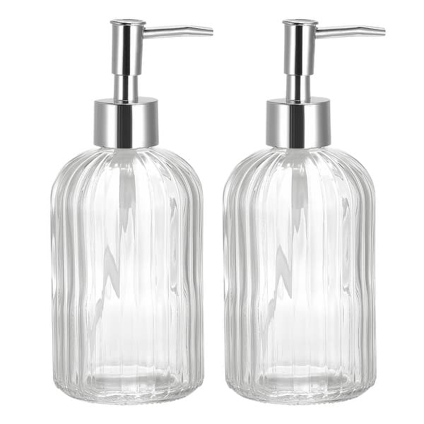 Soap Dispensers Set - 2 Pack 13.5Oz Glass Dish Hand Soap Dispenser with Silvery Pump for Kitchen Bathroom - Clear