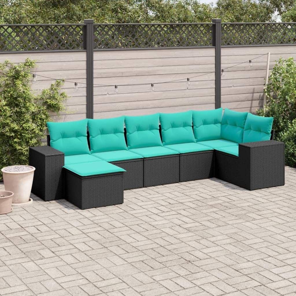 vidaXL 7 Piece Patio Sofa Set with Cushions Black Poly Rattan