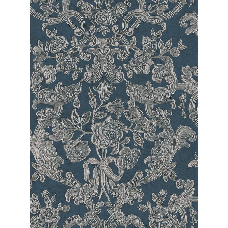 Seabrook Designs Tabor Floral Scroll Unpasted Wallpaper - 20.5 in. W x 33 ft. L - Metallic Navy & Cream