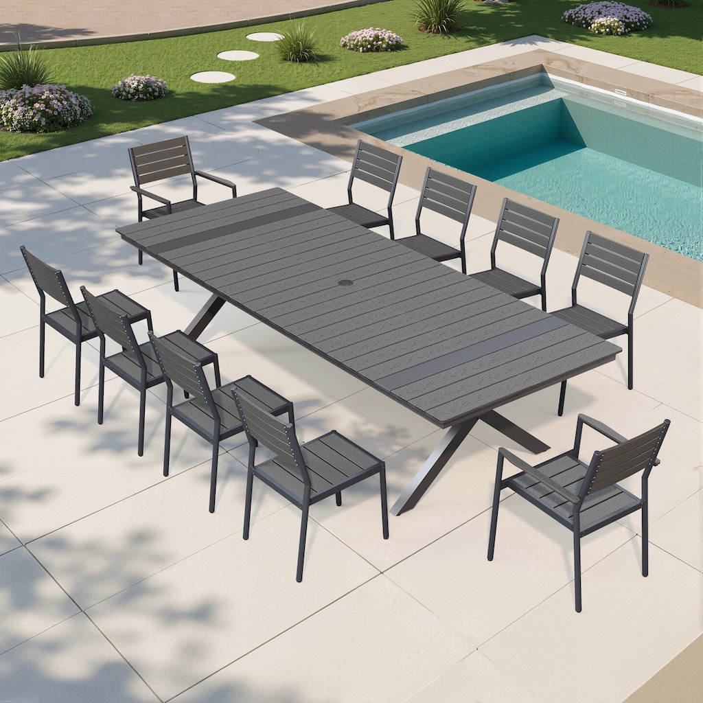 9/11PC Aluminum X Frame Outdoor Patio Dining Set Umbrella Hole Table with Stackable Chairs - N/A